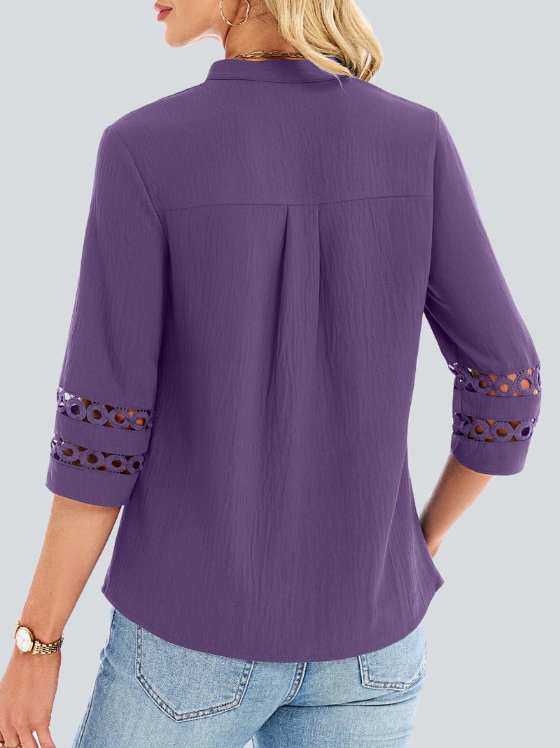 Funlingo 3/4 Length Sleeve Womens Tops Summer Dressy Casual V Neck Tunic Blouses Business Work Pleated Shirts Fashion Clothes Purple L - Image 4