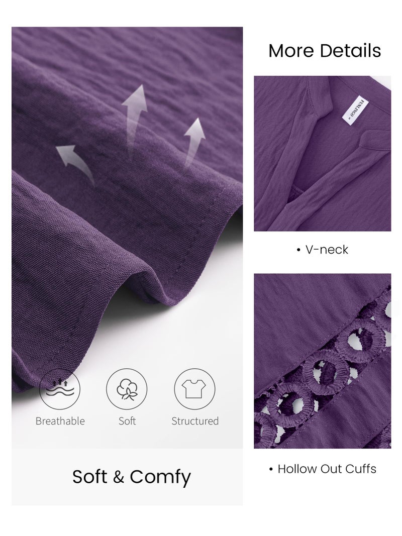 Funlingo 3/4 Length Sleeve Womens Tops Summer Dressy Casual V Neck Tunic Blouses Business Work Pleated Shirts Fashion Clothes Purple L - Image 5