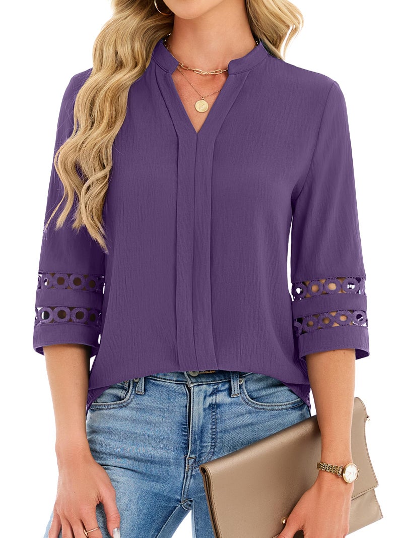 Funlingo 3/4 Length Sleeve Womens Tops Summer Dressy Casual V Neck Tunic Blouses Business Work Pleated Shirts Fashion Clothes Purple L - Image 1