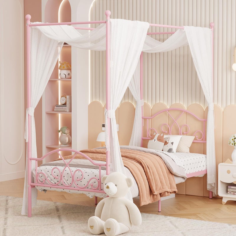 Weehom Princess Canopy Bed Frame with 4 Posters Sturdy Metal Platform Mattress Foundation with HeadboardFootboard No Box Spring Needed Twin Size Bed for Kids Girls Adults Pink