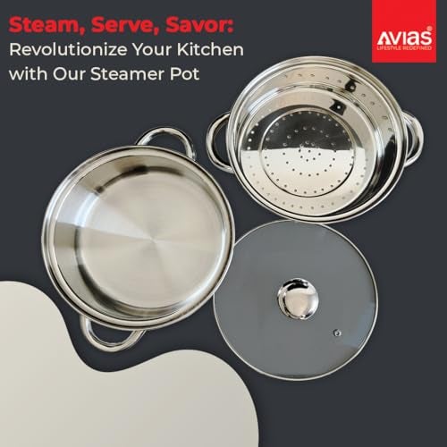 Avias Spectra Stainless Steel Steamer / 24cm for Cooking Vegetable Idli Modak Momo with Strong Side Handles for Easy Use Food Steamer/Cookware Set of 1 / Shiny Mirror Finish / 24cm - Image 5