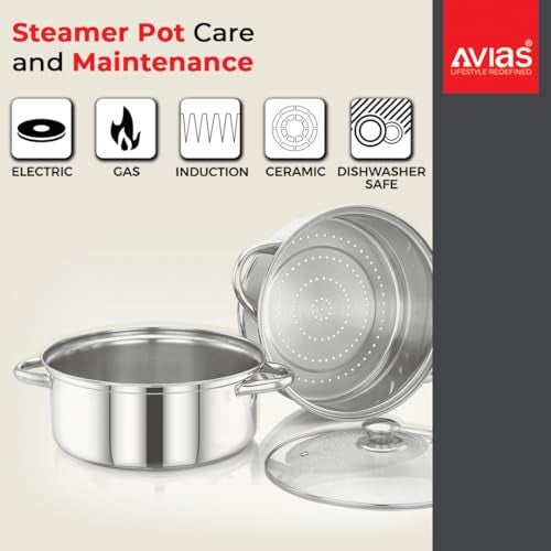 Avias Spectra Stainless Steel Steamer / 24cm for Cooking Vegetable Idli Modak Momo with Strong Side Handles for Easy Use Food Steamer/Cookware Set of 1 / Shiny Mirror Finish / 24cm - Image 2