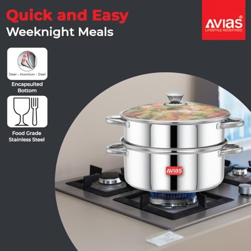 Avias Spectra Stainless Steel Steamer / 24cm for Cooking Vegetable Idli Modak Momo with Strong Side Handles for Easy Use Food Steamer/Cookware Set of 1 / Shiny Mirror Finish / 24cm - Image 3