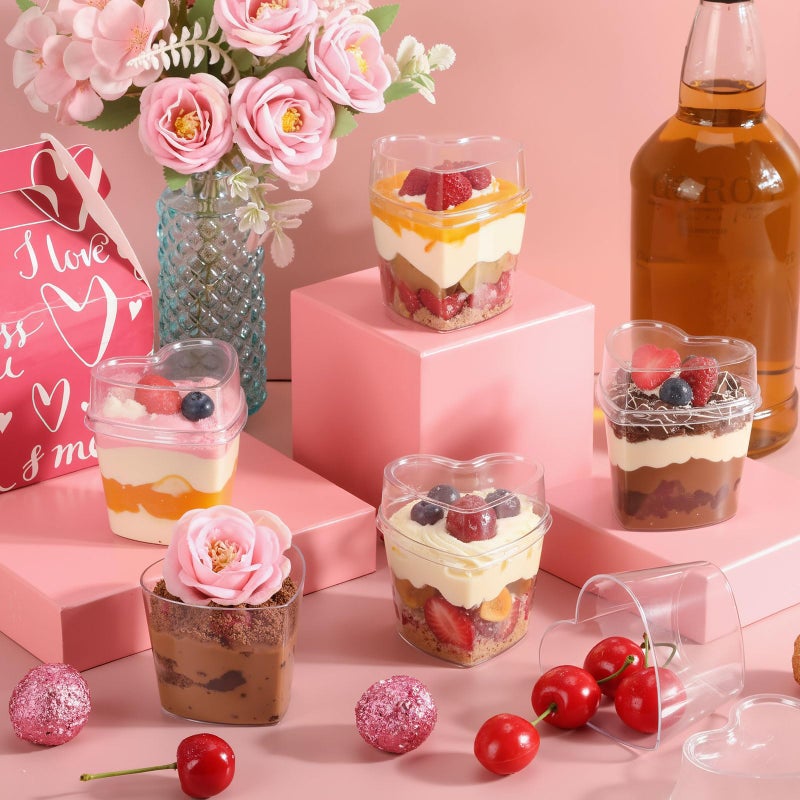 Sliner 100 Pack 5 oz Valentine's Day Heart Shaped Dessert Cups with Lids and Spoons Plastic Dessert Container Heart Shaped Bowls Disposable Parfait Pudding Shooter for Valentine Wedding Party (Clear) - Image 3