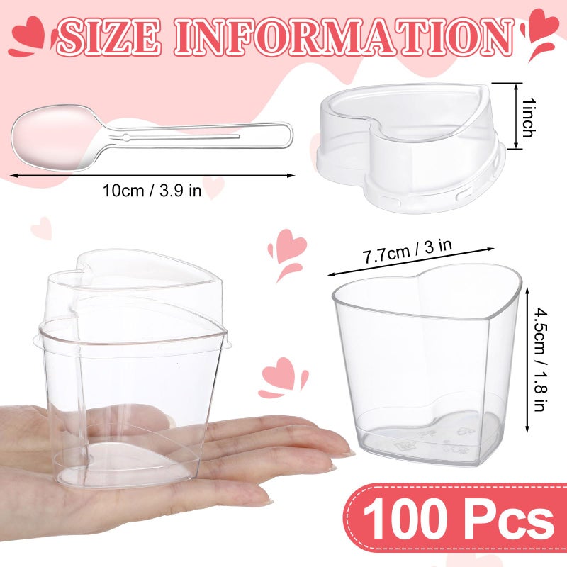 Sliner 100 Pack 5 oz Valentine's Day Heart Shaped Dessert Cups with Lids and Spoons Plastic Dessert Container Heart Shaped Bowls Disposable Parfait Pudding Shooter for Valentine Wedding Party (Clear) - Image 2