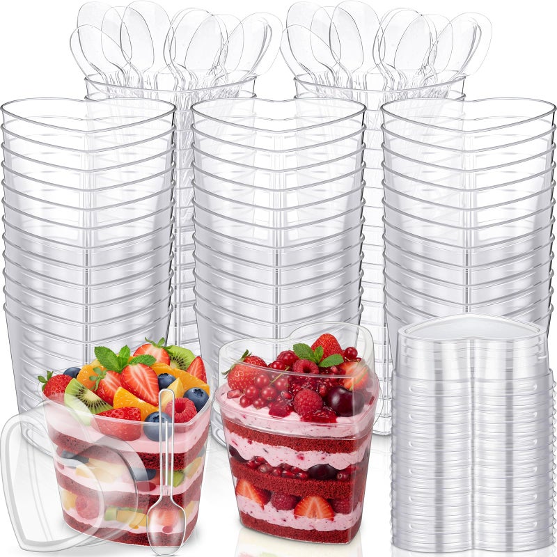 Sliner 100 Pack 5 oz Valentine's Day Heart Shaped Dessert Cups with Lids and Spoons Plastic Dessert Container Heart Shaped Bowls Disposable Parfait Pudding Shooter for Valentine Wedding Party (Clear) - Image 1