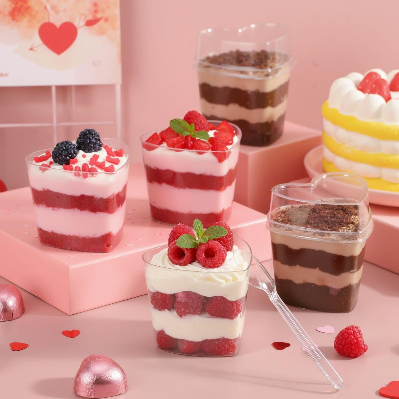 Sliner 100 Pack 5 oz Valentine's Day Heart Shaped Dessert Cups with Lids and Spoons Plastic Dessert Container Heart Shaped Bowls Disposable Parfait Pudding Shooter for Valentine Wedding Party (Clear) - Image 5