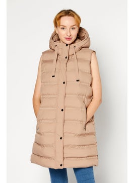 Women Plain Puffer Vest, Latte