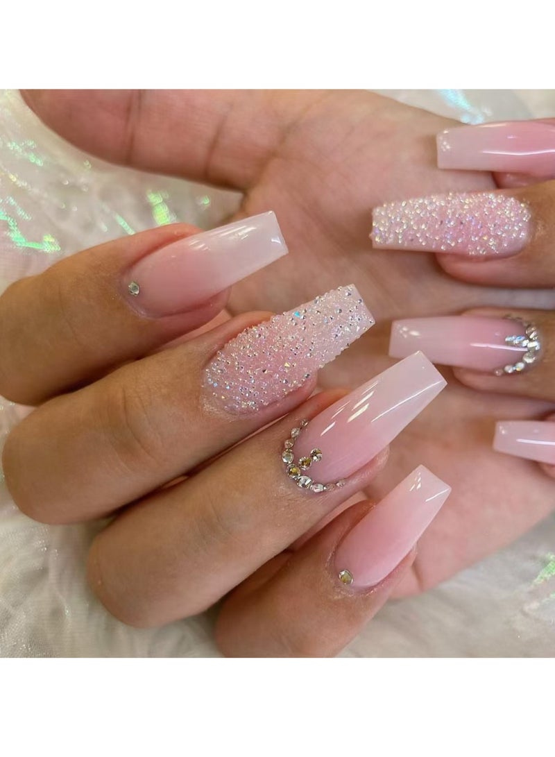 جوسكوين أظافر لاصقة 24 قطعة، نصائح أظافر قابلة للارتداء بتدرج طويل وعصري، ملصقات أظافر مزيفة بأسلوب فرنسي لامع مع أحجار الراين، سهلة الاستخدام لإنشاء أسلوب أظافر أنيق وجذاب، أظافر أكريليك مزيفة مع مجموعة غراء. - Image 1