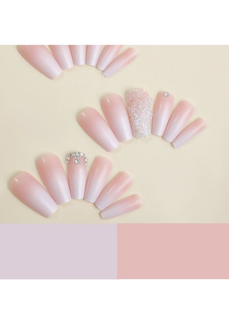 جوسكوين أظافر لاصقة 24 قطعة، نصائح أظافر قابلة للارتداء بتدرج طويل وعصري، ملصقات أظافر مزيفة بأسلوب فرنسي لامع مع أحجار الراين، سهلة الاستخدام لإنشاء أسلوب أظافر أنيق وجذاب، أظافر أكريليك مزيفة مع مجموعة غراء. - Image 2