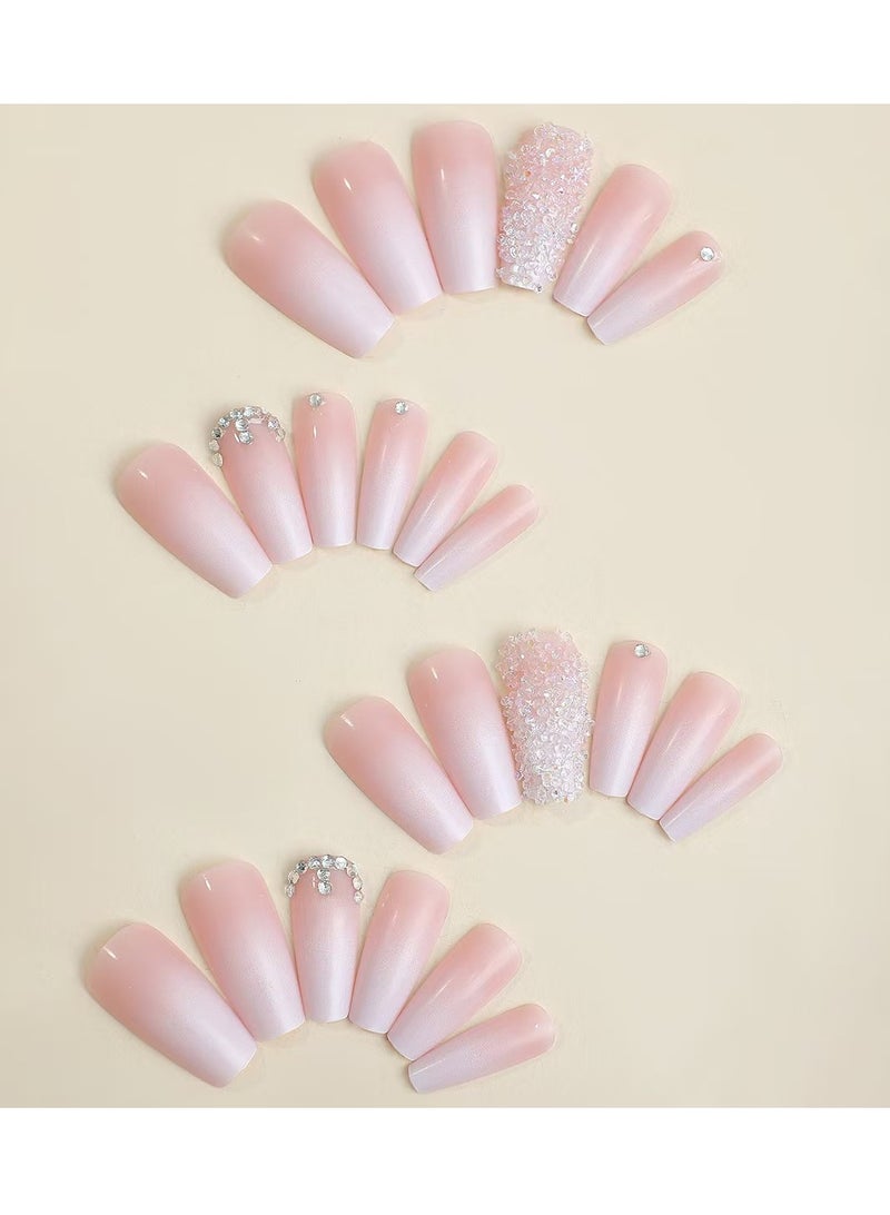 جوسكوين أظافر لاصقة 24 قطعة، نصائح أظافر قابلة للارتداء بتدرج طويل وعصري، ملصقات أظافر مزيفة بأسلوب فرنسي لامع مع أحجار الراين، سهلة الاستخدام لإنشاء أسلوب أظافر أنيق وجذاب، أظافر أكريليك مزيفة مع مجموعة غراء. - Image 3