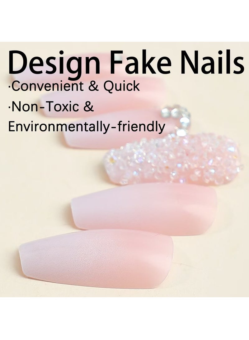 جوسكوين أظافر لاصقة 24 قطعة، نصائح أظافر قابلة للارتداء بتدرج طويل وعصري، ملصقات أظافر مزيفة بأسلوب فرنسي لامع مع أحجار الراين، سهلة الاستخدام لإنشاء أسلوب أظافر أنيق وجذاب، أظافر أكريليك مزيفة مع مجموعة غراء. - Image 5