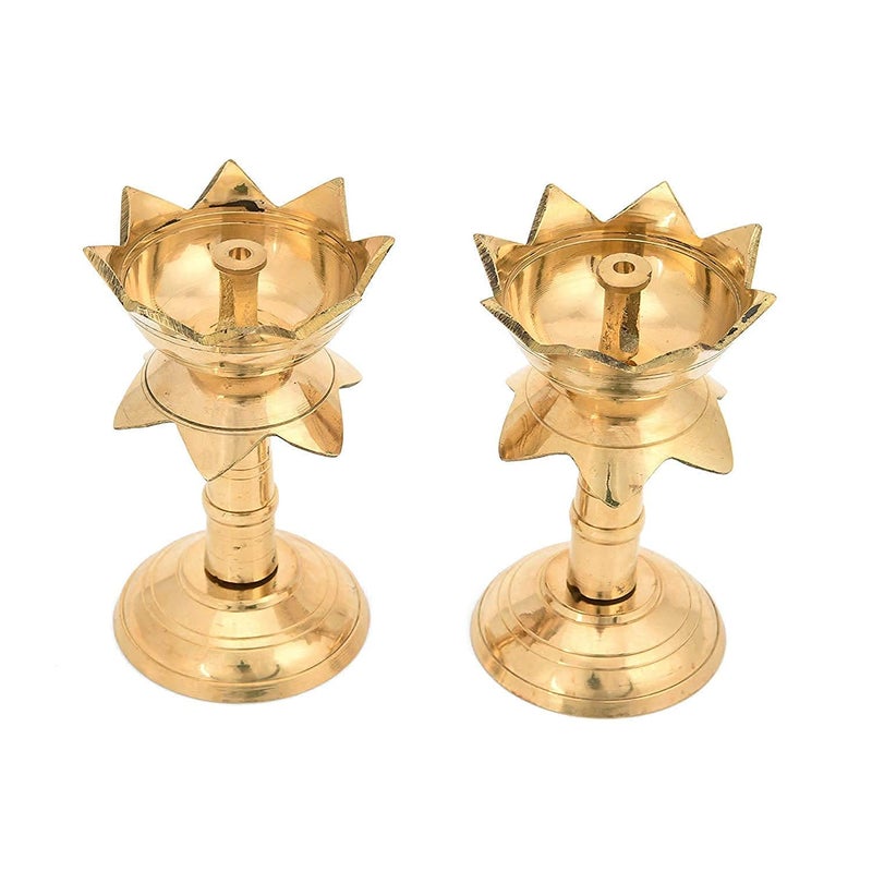 JAMB JAMB ure Brass Diya for Puja Temaple Decoration Deepam Kundulu Puja Set Lotus Shape Pillar Diya Stand Oil Lamp for Home Mandir Pooja for Diwali Articles Decor Gifts Size 5 Inch Set of 2  - Image 1