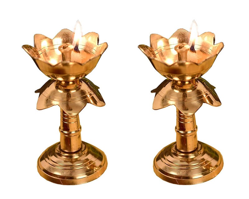 JAMB JAMB ure Brass Diya for Puja Temaple Decoration Deepam Kundulu Puja Set Lotus Shape Pillar Diya Stand Oil Lamp for Home Mandir Pooja for Diwali Articles Decor Gifts Size 5 Inch Set of 2  - Image 2