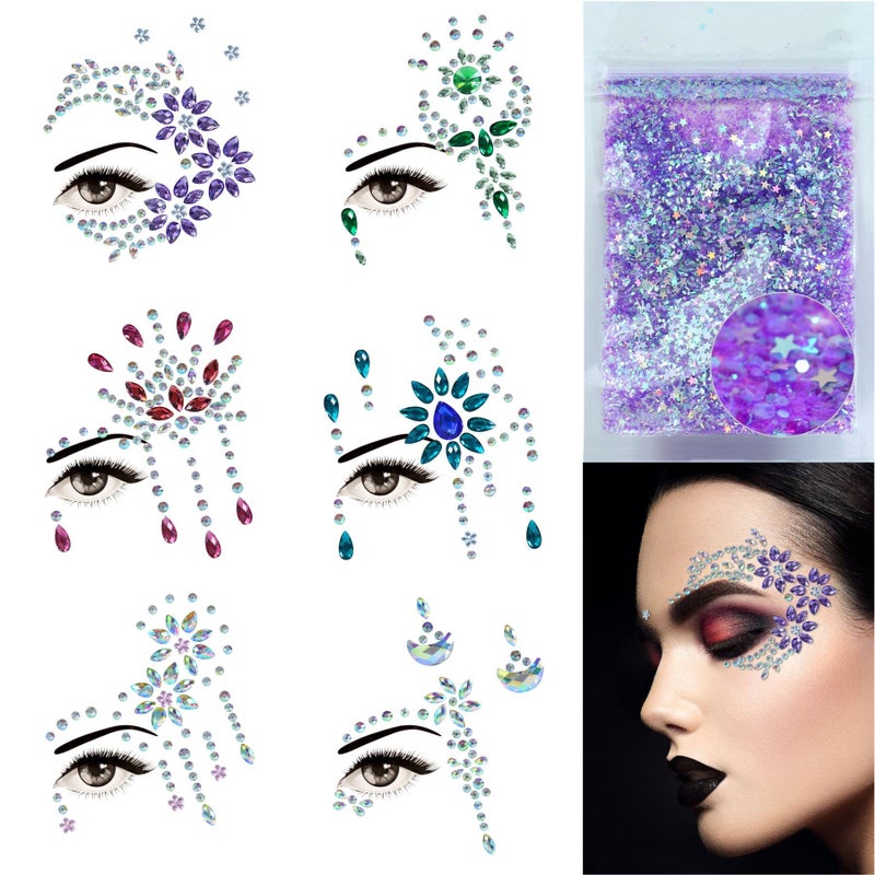 DECOYARDOO Face Jewels 6 Sheets Face Gems Stick On, 10g Chunky Glitter, Face Jewelry Rhinestones Crystals Stickers, Fairy Euphoria Eye Body Makeup Rave Clothes Festival Outfit Accessories - Image 1