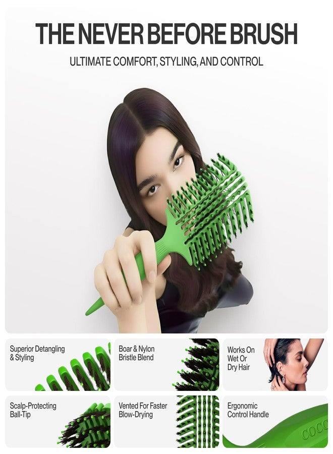 COCCO Aura Vent Boar Brush | Vented Dual-Curved Design for Faster Drying, Effortless Detangling & Shine, Boar + Nylon Bristles, Ergonomic Comfort Handle for Wet & Dry Hair Styling - Green - Image 4