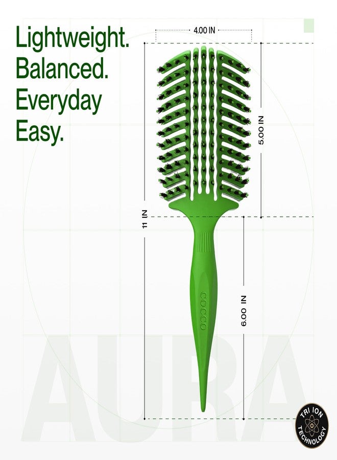 COCCO Aura Vent Boar Brush | Vented Dual-Curved Design for Faster Drying, Effortless Detangling & Shine, Boar + Nylon Bristles, Ergonomic Comfort Handle for Wet & Dry Hair Styling - Green - Image 3