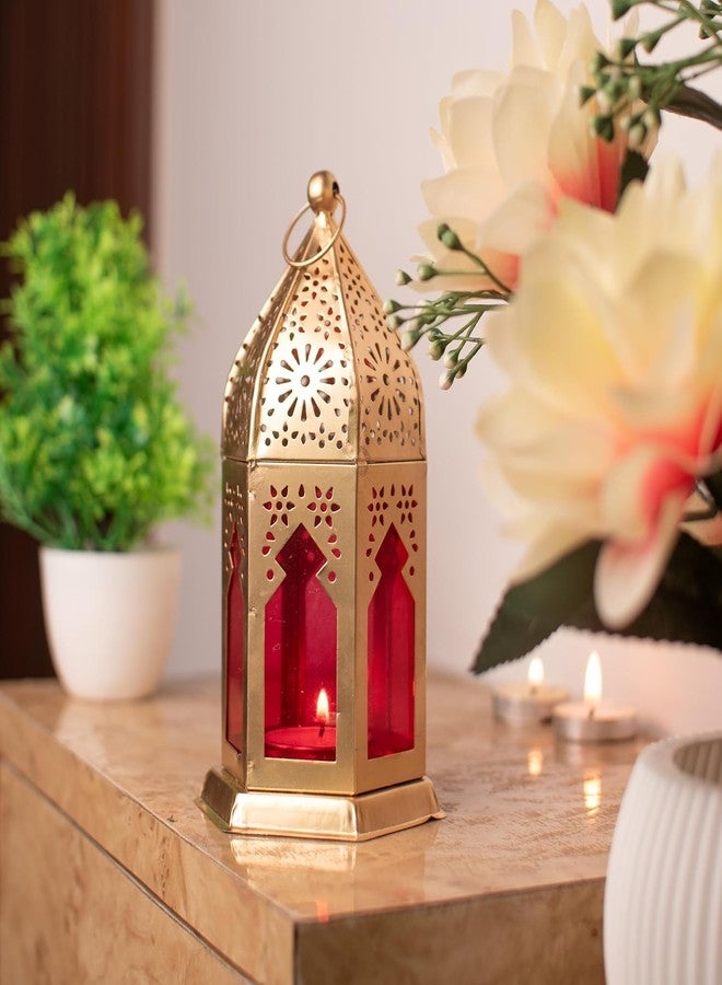 DECORIQUE Metal Moroccan Tealight Candle Holder - Vintage Hanging Lantern for Home Decor - Diwali, Eid, Ramadan Decoration - Traditional Diya Stand for Balcony, Table & Living Room - Golden & Red - Image 1