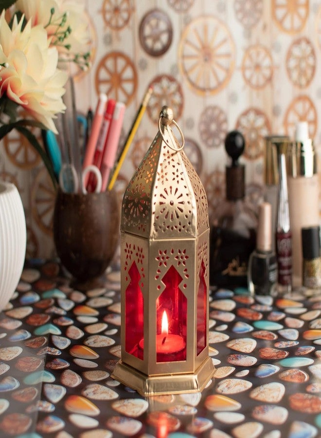 DECORIQUE Metal Moroccan Tealight Candle Holder - Vintage Hanging Lantern for Home Decor - Diwali, Eid, Ramadan Decoration - Traditional Diya Stand for Balcony, Table & Living Room - Golden & Red - Image 2