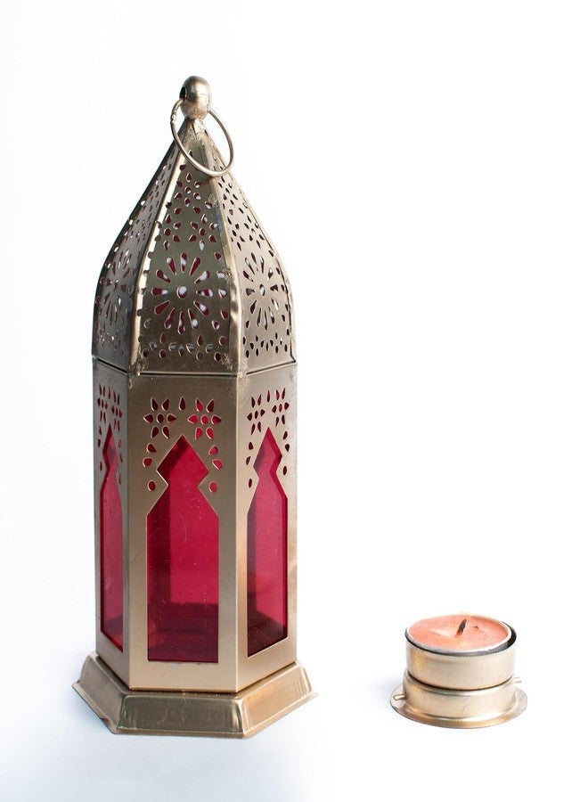 DECORIQUE Metal Moroccan Tealight Candle Holder - Vintage Hanging Lantern for Home Decor - Diwali, Eid, Ramadan Decoration - Traditional Diya Stand for Balcony, Table & Living Room - Golden & Red - Image 4