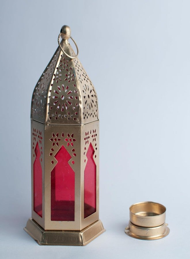 DECORIQUE Metal Moroccan Tealight Candle Holder - Vintage Hanging Lantern for Home Decor - Diwali, Eid, Ramadan Decoration - Traditional Diya Stand for Balcony, Table & Living Room - Golden & Red - Image 3