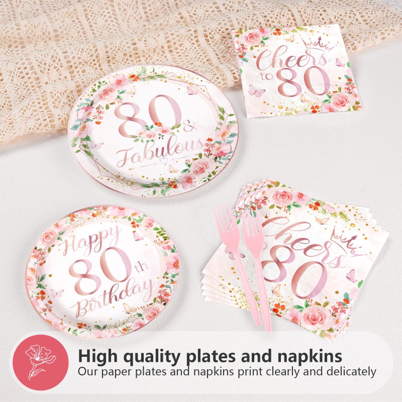 Grencian 96Pcs 80th Birthday Decorations for Women Floral 80th Birthday Party Plates and Napkins Disposable Rose Gold 80 Fabulous Tableware Set for Women 80 Years Old Party Supplies  Serves 24 - Image 2