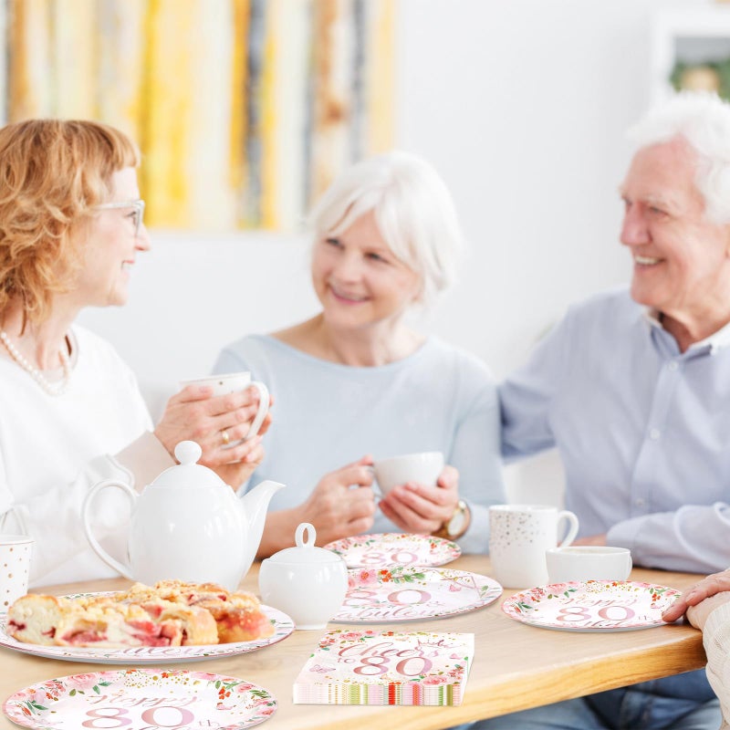 Grencian 96Pcs 80th Birthday Decorations for Women Floral 80th Birthday Party Plates and Napkins Disposable Rose Gold 80 Fabulous Tableware Set for Women 80 Years Old Party Supplies  Serves 24 - Image 4