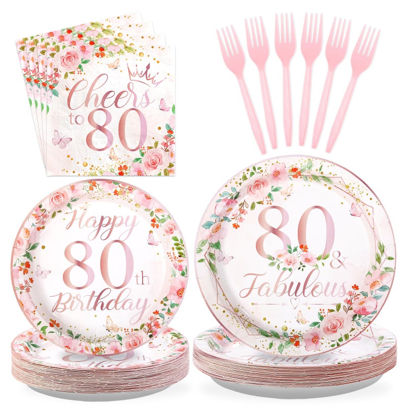 Grencian 96Pcs 80th Birthday Decorations for Women Floral 80th Birthday Party Plates and Napkins Disposable Rose Gold 80 Fabulous Tableware Set for Women 80 Years Old Party Supplies  Serves 24 - Image 1