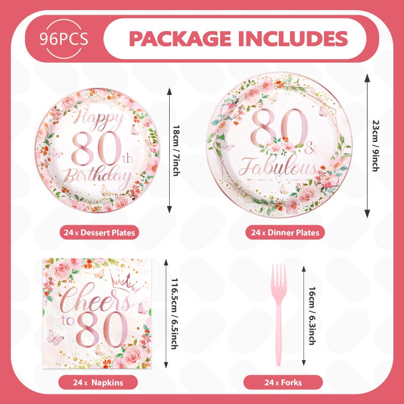 Grencian 96Pcs 80th Birthday Decorations for Women Floral 80th Birthday Party Plates and Napkins Disposable Rose Gold 80 Fabulous Tableware Set for Women 80 Years Old Party Supplies  Serves 24 - Image 3