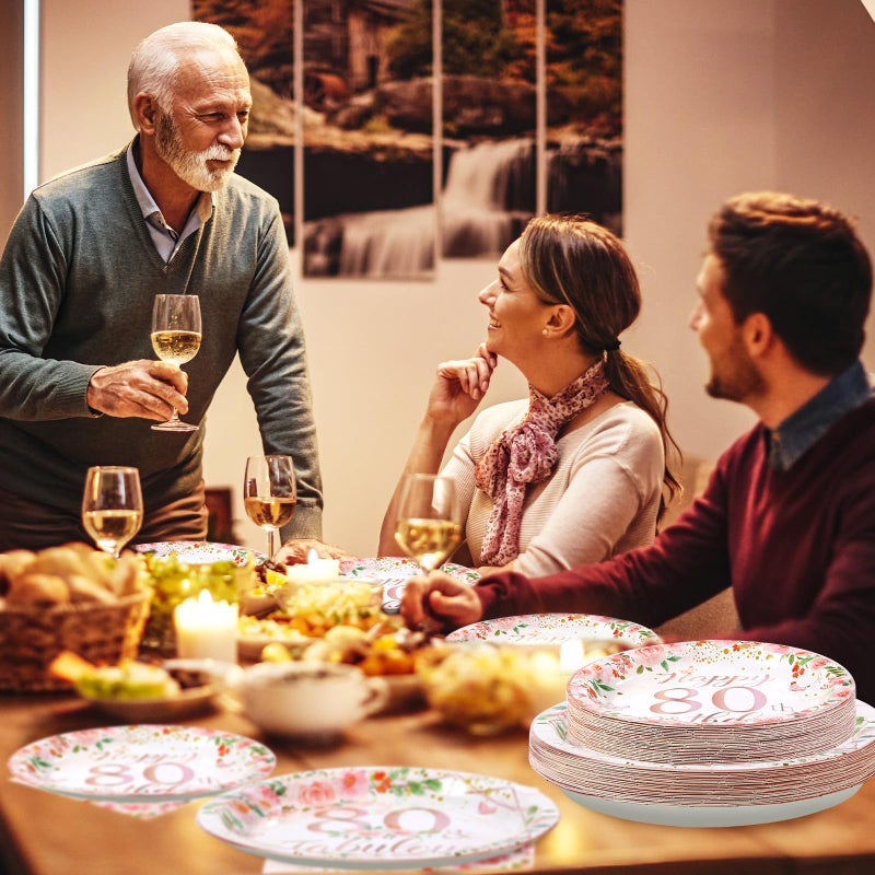 Grencian 96Pcs 80th Birthday Decorations for Women Floral 80th Birthday Party Plates and Napkins Disposable Rose Gold 80 Fabulous Tableware Set for Women 80 Years Old Party Supplies  Serves 24 - Image 5