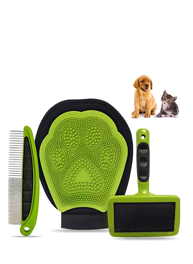 SYOSI Pet Brush Set for Cat and Dog - Pet Grooming Kit,Self Cleaning Brushes, Pet Bathing Gloves and Comb - Pet Grooming Kit Premium Double sided Glove (Pack of 3)  - Image 1