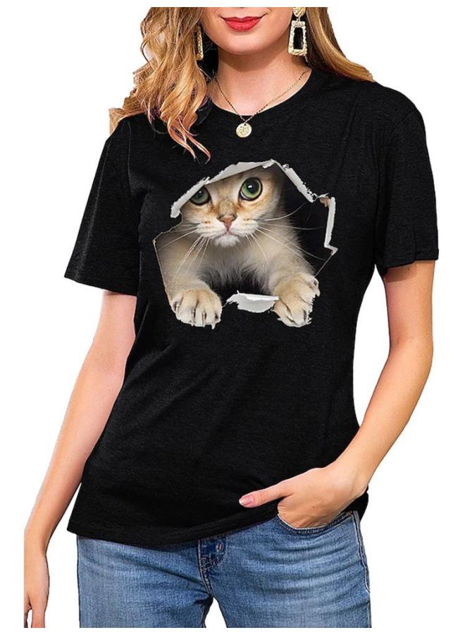 Independent Station European And American Women's New Spring And Summer Cat Pattern Pullover Loose Short-sleeved T-shirt Top