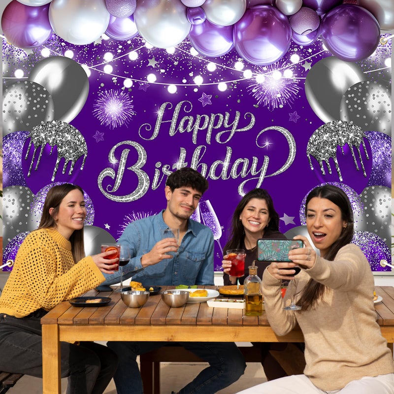 Lecheme Purple Silver Happy Birthday Backdrop 6x3.6 ft Purple Banner for Silver Birthday Party Decorations Photo Booth Props - Image 5