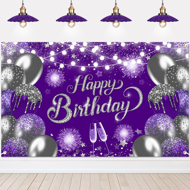 Lecheme Purple Silver Happy Birthday Backdrop 6x3.6 ft Purple Banner for Silver Birthday Party Decorations Photo Booth Props - Image 1
