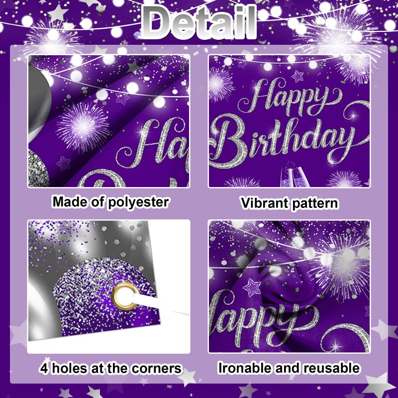 Lecheme Purple Silver Happy Birthday Backdrop 6x3.6 ft Purple Banner for Silver Birthday Party Decorations Photo Booth Props - Image 4