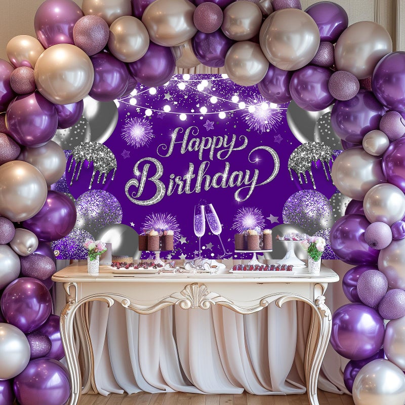 Lecheme Purple Silver Happy Birthday Backdrop 6x3.6 ft Purple Banner for Silver Birthday Party Decorations Photo Booth Props - Image 3
