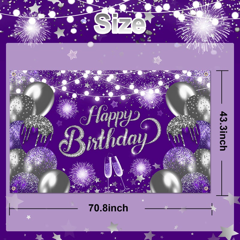 Lecheme Purple Silver Happy Birthday Backdrop 6x3.6 ft Purple Banner for Silver Birthday Party Decorations Photo Booth Props - Image 2