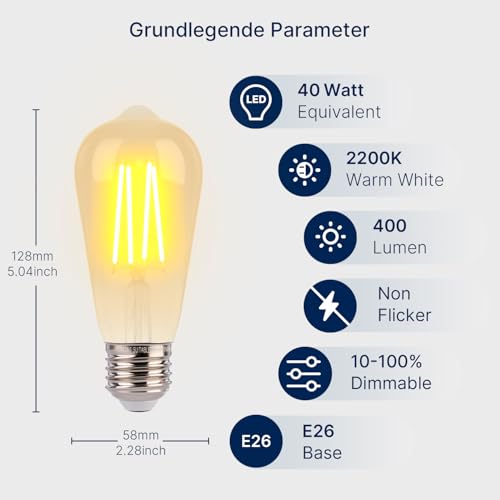 FLSNT ST19 LED Edison Bulbs 40W Equivalent, 4W Amber Glass Vintage Light Bulbs, 2200K Warm White Dimmable, High CRI 90+, 400LM E26 Base, Decorative LED Filament Bulbs for Pendant, Chandelier, 6 Pack - Image 2