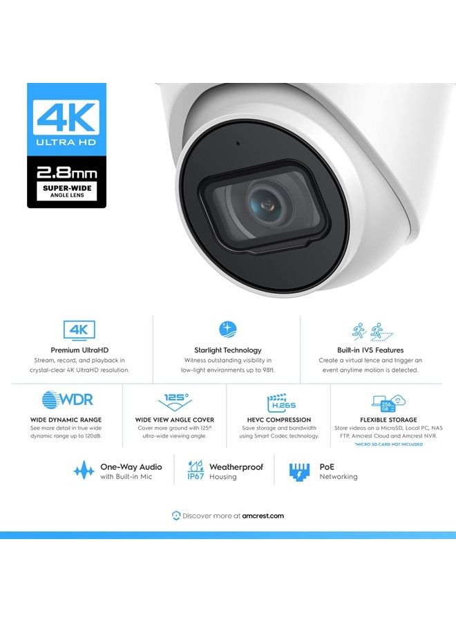 AMCREST UltraHD 4K (8MP) Outdoor Security IP Turret PoE Camera, 3840x2160, 98ft NightVision, 2.8mm Lens, IP67 Weatherproof, MicroSD Recording (256GB), White
