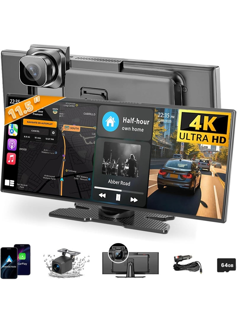 Vierex 11.5 Inch Wireless CarPlay Screen for Car – HD Touchscreen with Wireless Apple CarPlay & Android Auto, 4K Dash Cam, 1080P Rear Camera, GPS Navigation, Bluetooth, Voice Control, FM Transmitter & Mirror Link – Universal for All Vehicles - Image 1