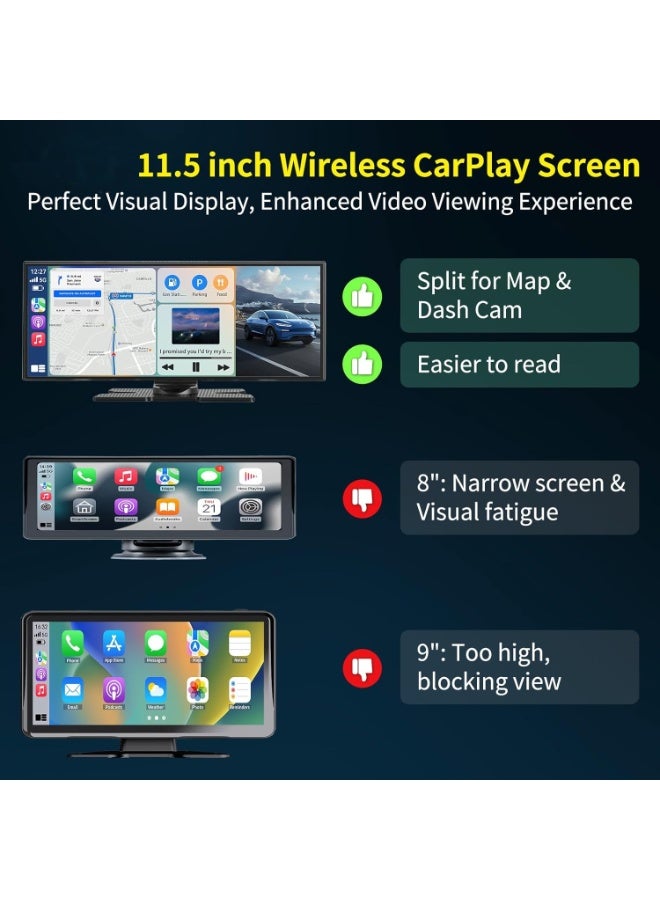 Vierex 11.5 Inch Wireless CarPlay Screen for Car – HD Touchscreen with Wireless Apple CarPlay & Android Auto, 4K Dash Cam, 1080P Rear Camera, GPS Navigation, Bluetooth, Voice Control, FM Transmitter & Mirror Link – Universal for All Vehicles - Image 3