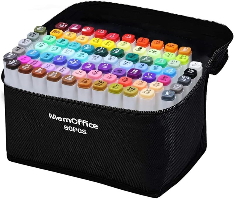 MemOffice 80 Colors Dual Tip Artist Alcohol Markers Set with Carrying Case - Perfect for Coloring, Drawing, Sketching, Card Making and Illustration - Perfect for Adults - Image 1