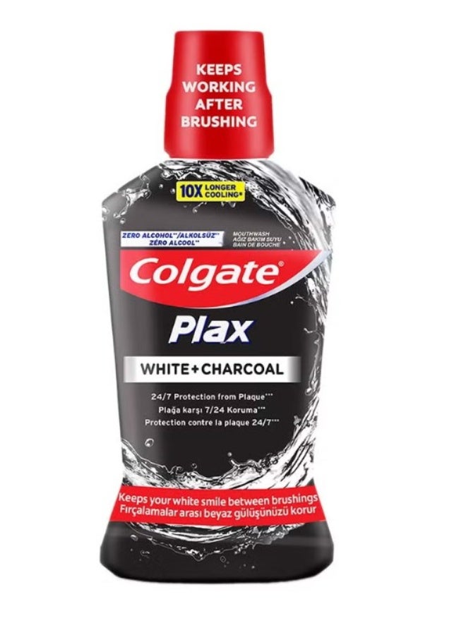 غسول الفم كولجيت بلاكس وايت + تشاركول (Colgate Plax White + Charcoal).  فيما يلي تفاصيل المنتج: الفوائد الرئيسية: يساعد في الحفاظ على ابتسامتك بيضاء بين فترات تنظيف الأسنان بالفرشاة.  يوفر حماية على مدار الساعة طوال أيام الأسبوع ضد تراكم البلاك.  يمنح إحساسًا بالبرودة يدوم 10 مرات أطول من تنظيف الأسنان بالفرشاة وحده.  يساعد على التخلص من ما يصل إلى 99.9% من البكتيريا والجراثيم.  يحارب رائحة الفم الكريهة ويوفر نفسًا منعشًا يدوم طويلاً.