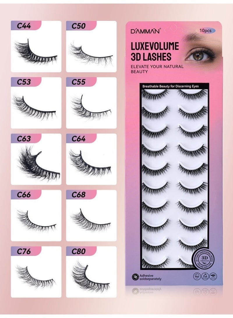 D'AMMA'N 3D Natural False Eyelashes – Wispy Fluffy Multi-Layer Soft Lightweight Reusable Lashes for Makeup, Party, Daily Use,10 Pairs-C50 - Image 2