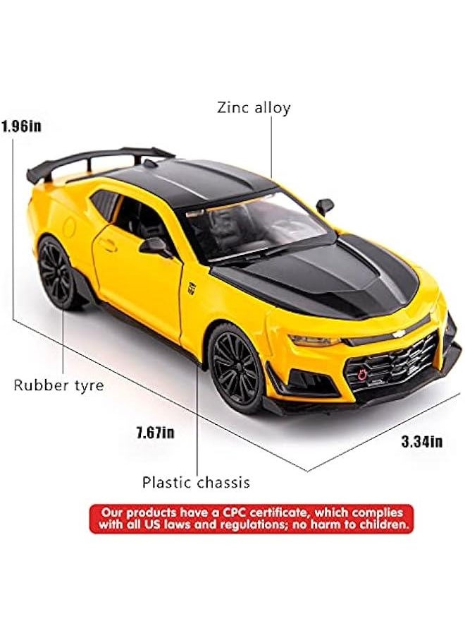 Generic - 1/24 Camaro Bumblebee Car Model Toy Zinc Alloy Casting Pull Back Car Sound and Light Toys for Kids Boy Girl Gift (Yellow) - Image 1