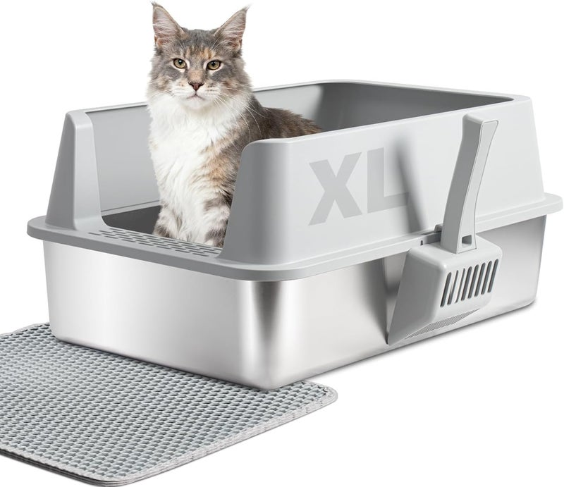 Yollber Stainless Steel Cat Litter Box with Lid, XL Metal Litter Box, Extra Large Litterbox for Big Cats, High Sided | Easy Cleaning | Odor-Free Includes Scoop and Mat - Image 1