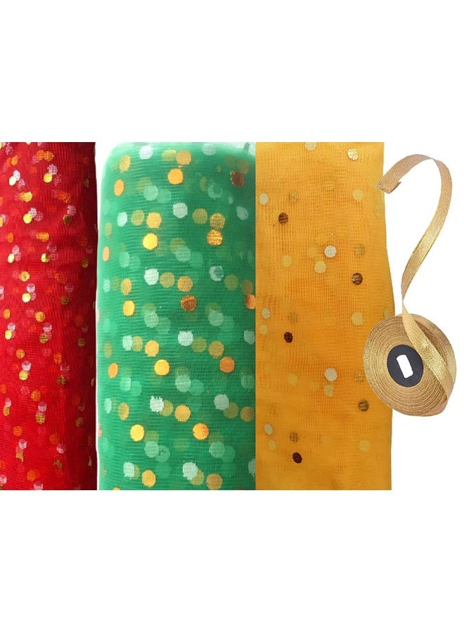 Artonezt مجموعة Artonezt من 3 قطع من قماش الشبك المزخرف، زينة باقات، تغليف هدايا، زينة احتفالية، زينة قاعة الحفلات، مشاريع الحرف الفنية، بطول 2 متر لكل لون مع لفة شريط ذهبي - Image 1