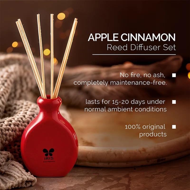 IRIS Apple Cinnamon Reed Diffuser Set 45ml | Long Lasting Home Fragrance with 6 Reed Sticks | Air Freshener for Bedroom, Living Room & Office | Warm Spicy Aroma | Ideal Gift Set - Image 4