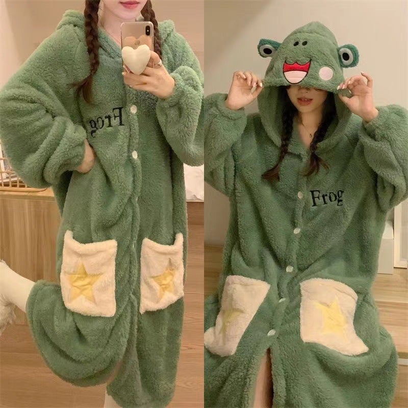 Cute Cartoon Frog Coral Fleece Robe for Women 1504 