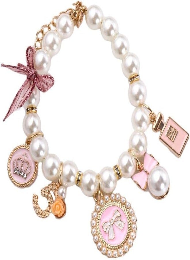 GANPUB Sweet Pink Dog Collars Pet Pearl Necklace Princess Bow Necklace Bow Cute Collar Puppy Accessories Cat Jewelry Pearl Neck Strap for Dog Cat Adjustable Dog Jewelry Collars - Image 1